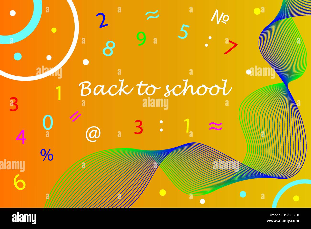 Abstrakter farbenfroher orangefarbener Hintergrund mit Kreisen, Wellen, Zeichen und Zahlen, die von Hand gezeichnet wurden. Vektor Stock Vektor