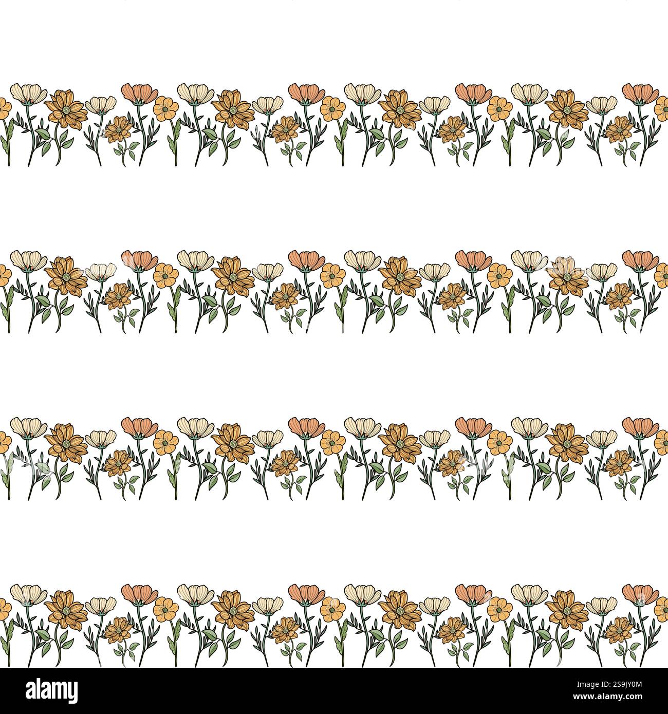 Nahtloses Muster mit gelben, orangefarbenen und braunen Blüten Stockfoto