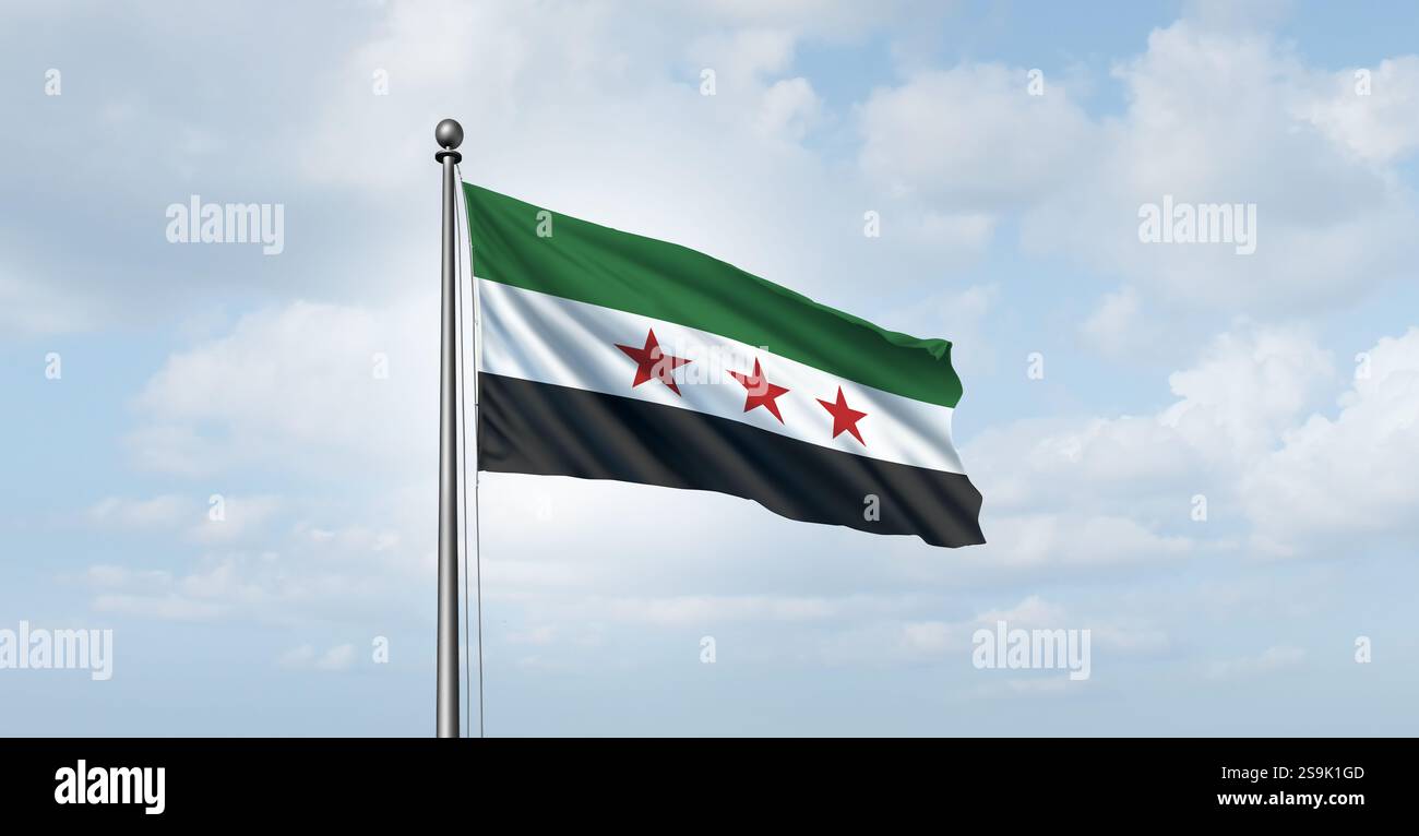Syrische Arabische Republik und syrische Flagge als Symbol Damaskus Aleppo Homs Latakia als ein Land im Nahen Osten, das Diplomatie und Sicherheit vertritt. Stockfoto