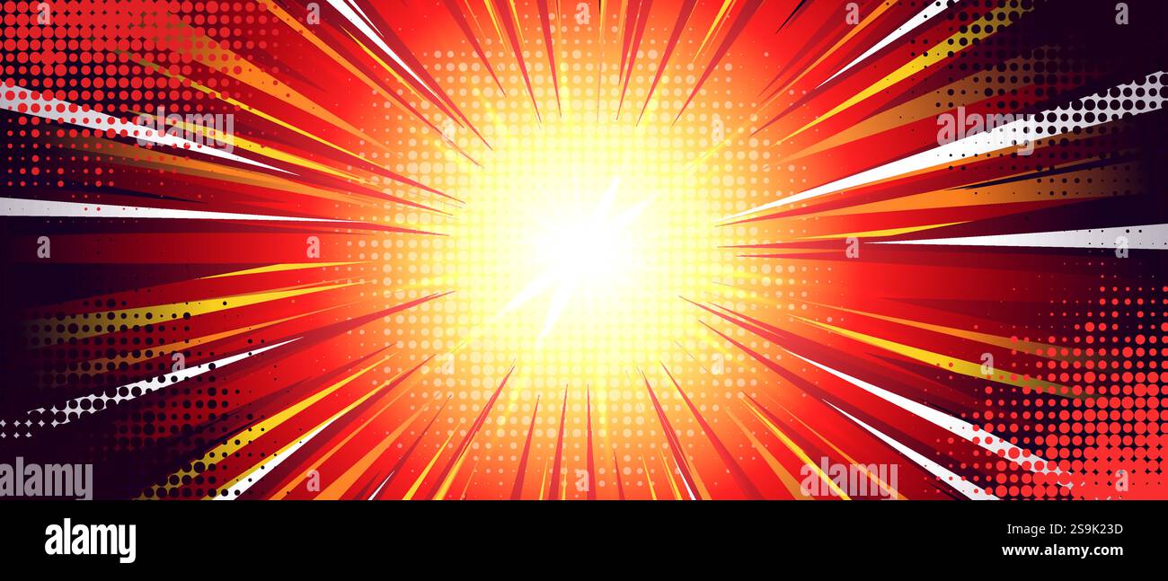 Comic Anime Explosion Hintergrund mit hellgelbem Mittelausbruch - dynamische Radialstrahlen in roten, weißen Schattierungen, die sich nach außen ausbreiten. Gepunktete Halbtonmuster Stock Vektor Comic Anime Explosion Hintergrund mit hellgelbem Mittelausbruch - dynamische Radialstrahlen in roten, weißen Schattierungen, die sich nach außen ausbreiten. Gepunktete Halbtonmuster Stock Vektor