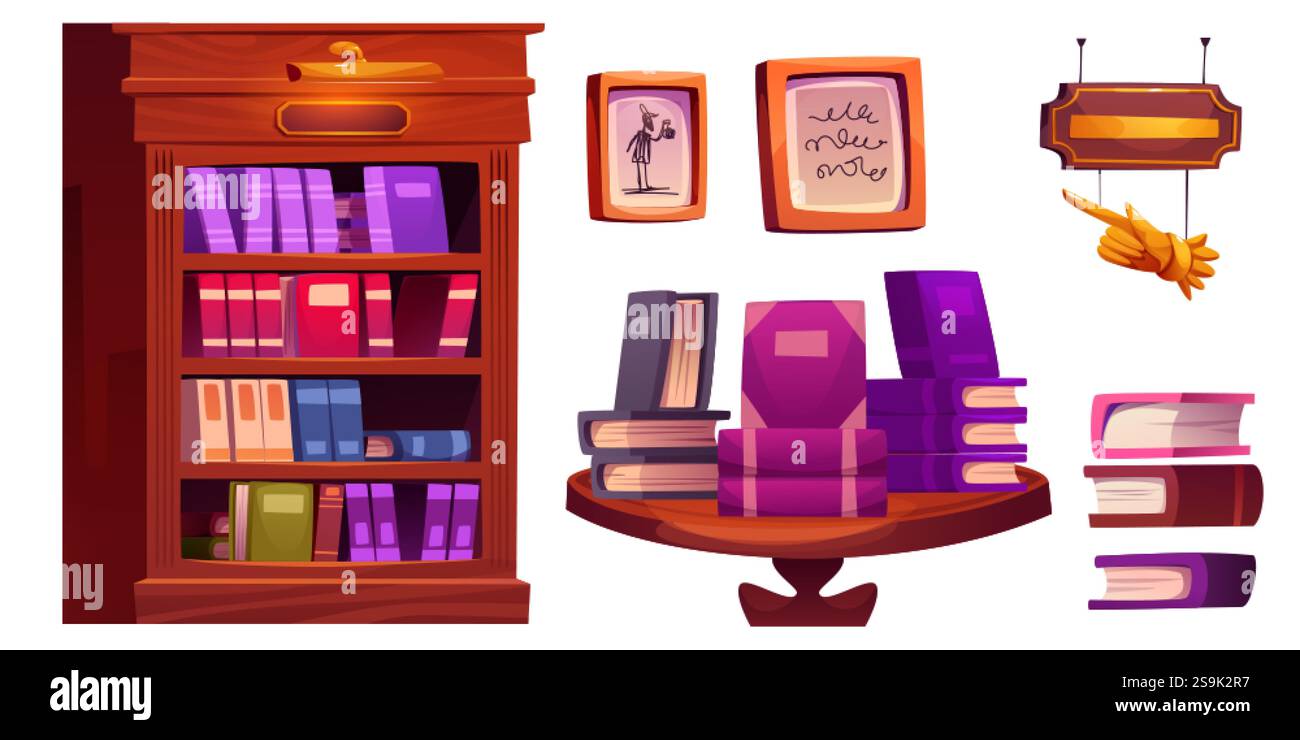 Innenelemente des Buchladens - Vintage-Bücherregal aus Holz mit Büchern, runder Präsentationstisch mit gestapelten Literatur, gerahmte Bilder an der Wand, dekorative ha Stock Vektor