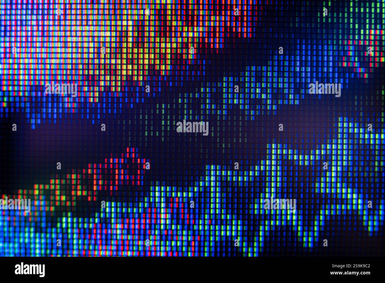 Detaillierte Makroaufnahmen des LCD-Monitors mit komplexen Pixeln und Mustern Stockfoto