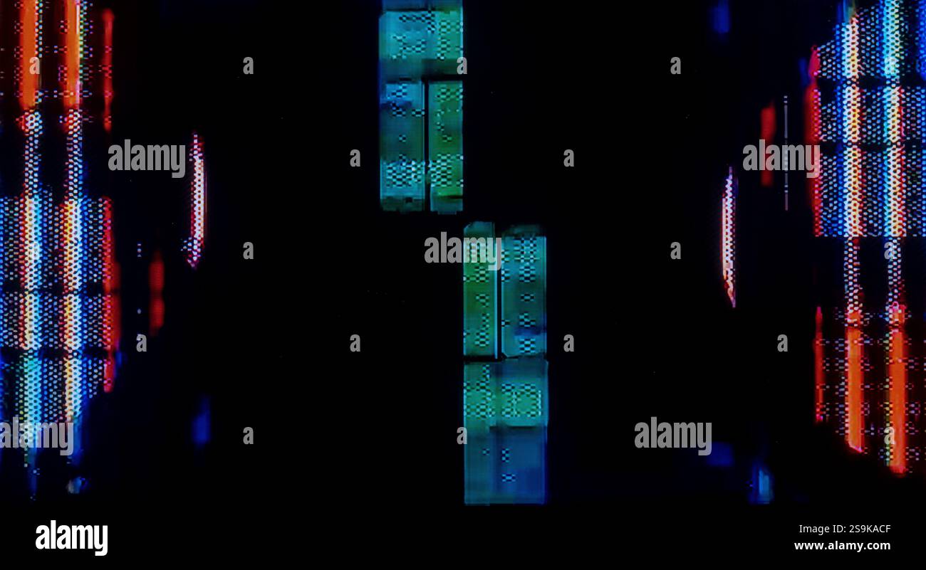 Kameraeffekt gestört. Retro-VHS-Hintergrund. Alte Videovorlage. Kein Signal. Statisches TV-Geräusch, schlechtes TV-Signal Stockfoto