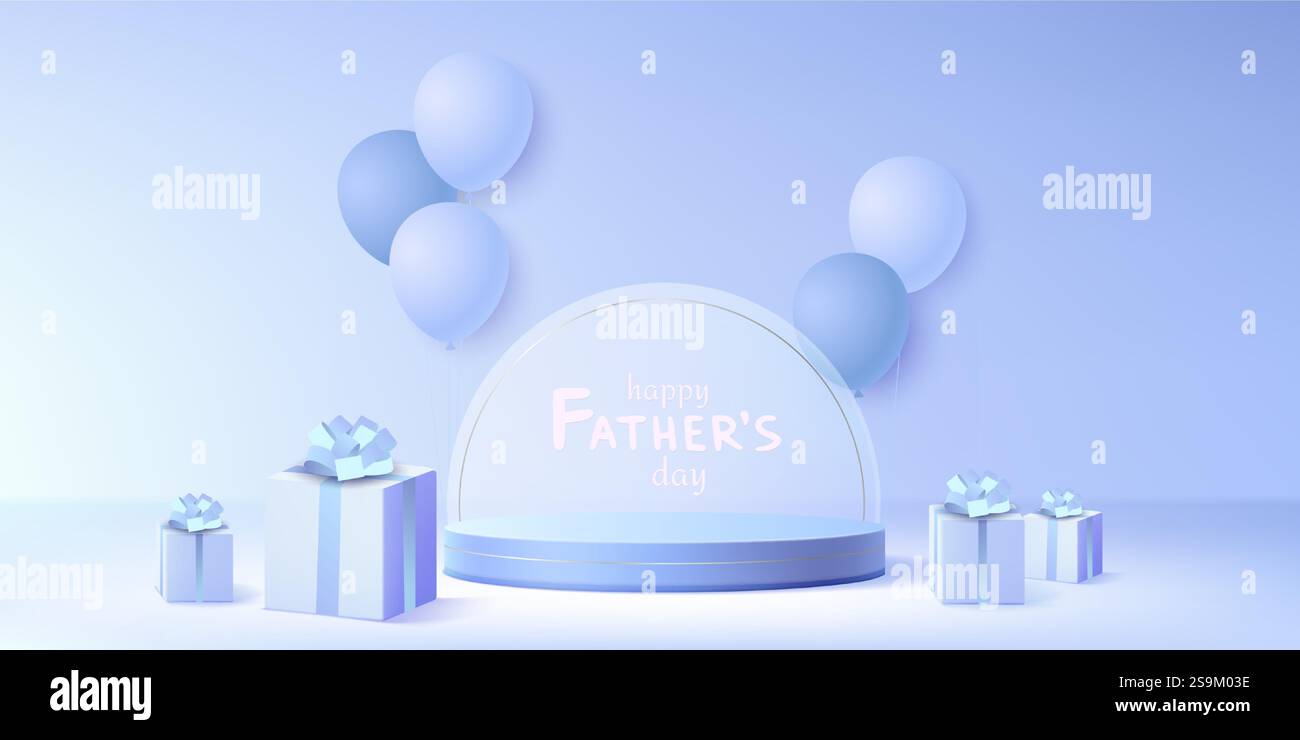 Vatertag-Banner mit runder Bühne und Luftballons auf blauem Hintergrund. Vektor realistische Illustration der Feiertagskarte mit leerer Zylinderbühne, Geschenkboxen mit Schleifenschleifen, festlicher Rabattflyer Stock Vektor