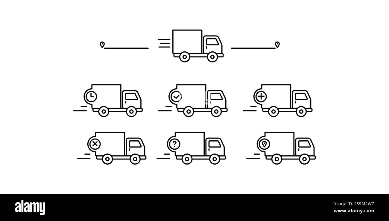 Satz von Symbolen für den Lieferwagen. Erfassung einfacher linearer Websymbole aus verschiedenen Lieferspuren. Bearbeitbare Vektorkontur Stock Vektor
