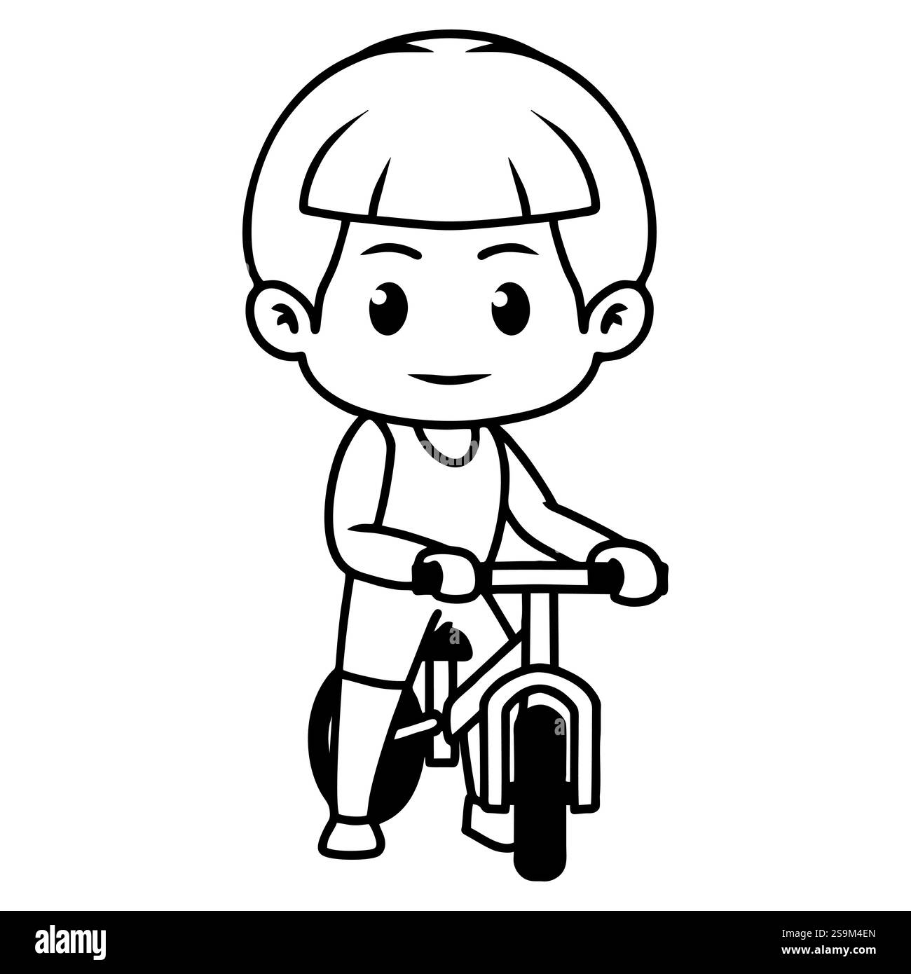 Chibi Maskottchen eines Kindes, das mit dem Fahrrad spielt. Schwarzweiß-Strichgrafik Stock Vektor