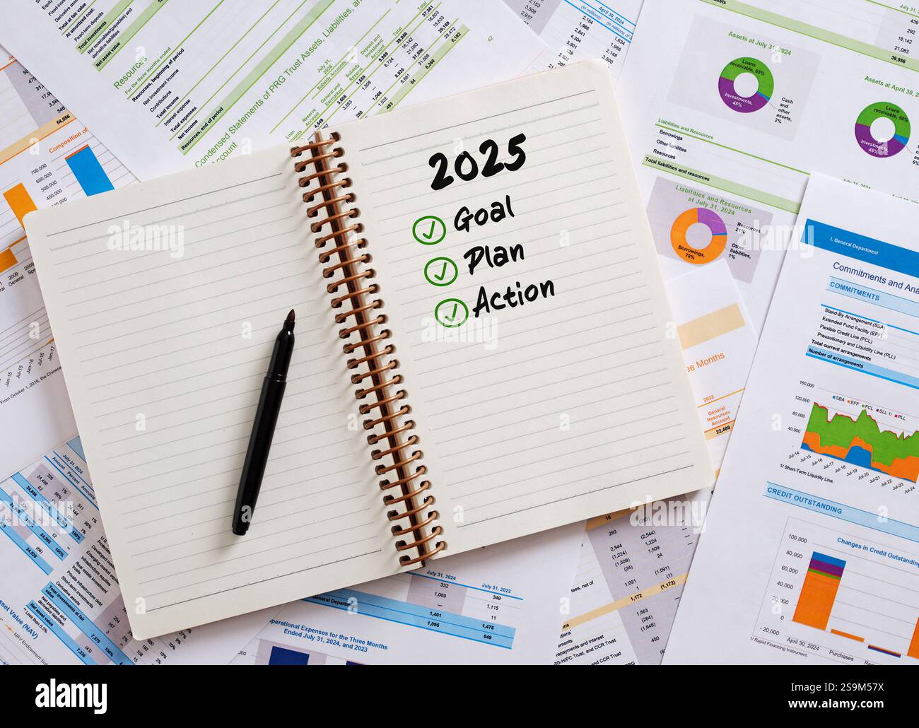Notizbuch mit der Checkliste für 2025 Ziele, Pläne und Maßnahmen, die auf verschiedenen Geschäftsberichten und Diagrammen platziert wird und die strategische Planung und den Fortschritt betont Stockfoto
