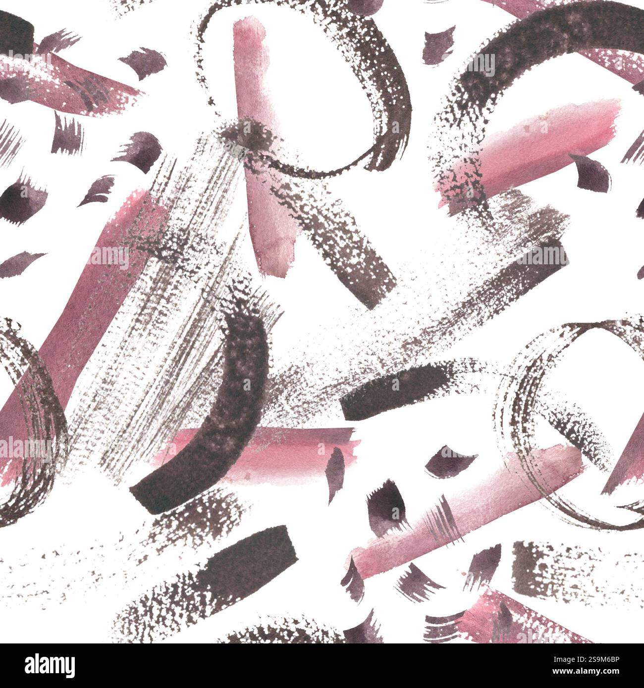 Abstraktes nahtloses Muster mit ausdrucksstarken Pinselstrichen in Schwarz und staubrosa Aquarellfarben isoliert. Moderne Textur mit dynamischen, handgezeichneten Linien Stockfoto