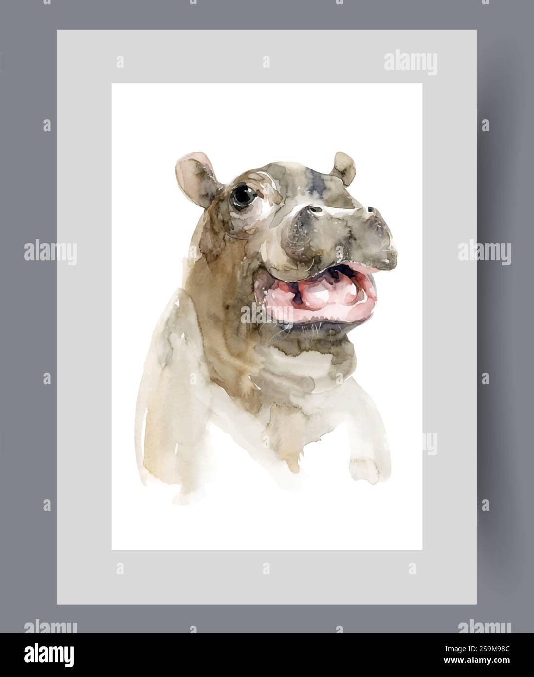 Niedliches Baby-Nilpferd, das den Mund öffnet und etwas positiv auf Wandkunst zeigt. Aquarellgrafik Stock Vektor