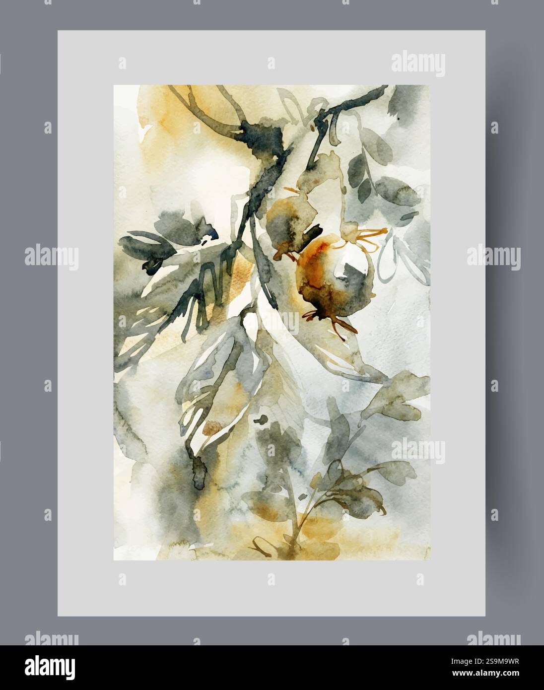 Baumfragment mit Früchten und grünen Blüten auf Zweigen auf Druck. Aquarellgrafik Stock Vektor
