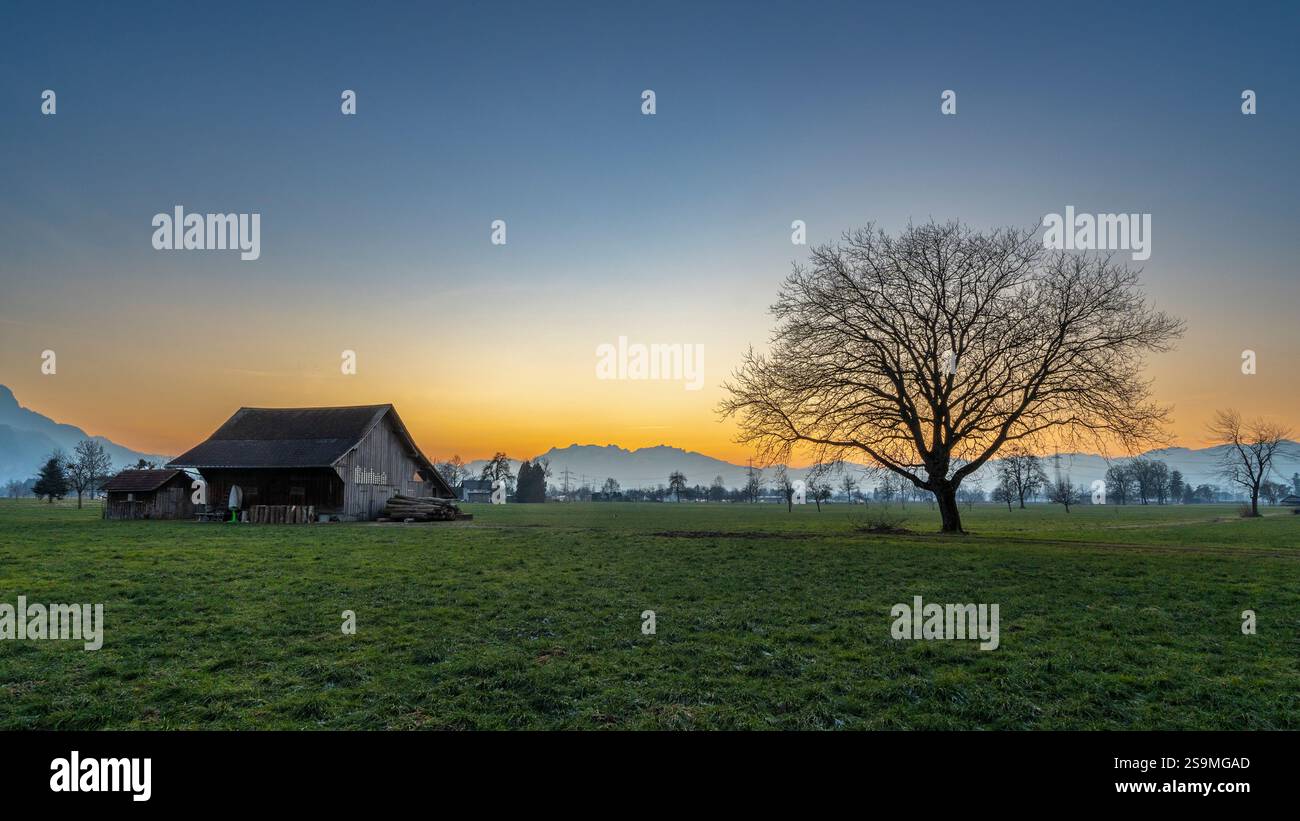 Nachglühpanorama mit Holzscheune auf Wiese, Garten und dominantem Baum unter Sonnenuntergang farbigem Himmel, mit orange, roten Wolken und blauem Himmel, Weide Stockfoto