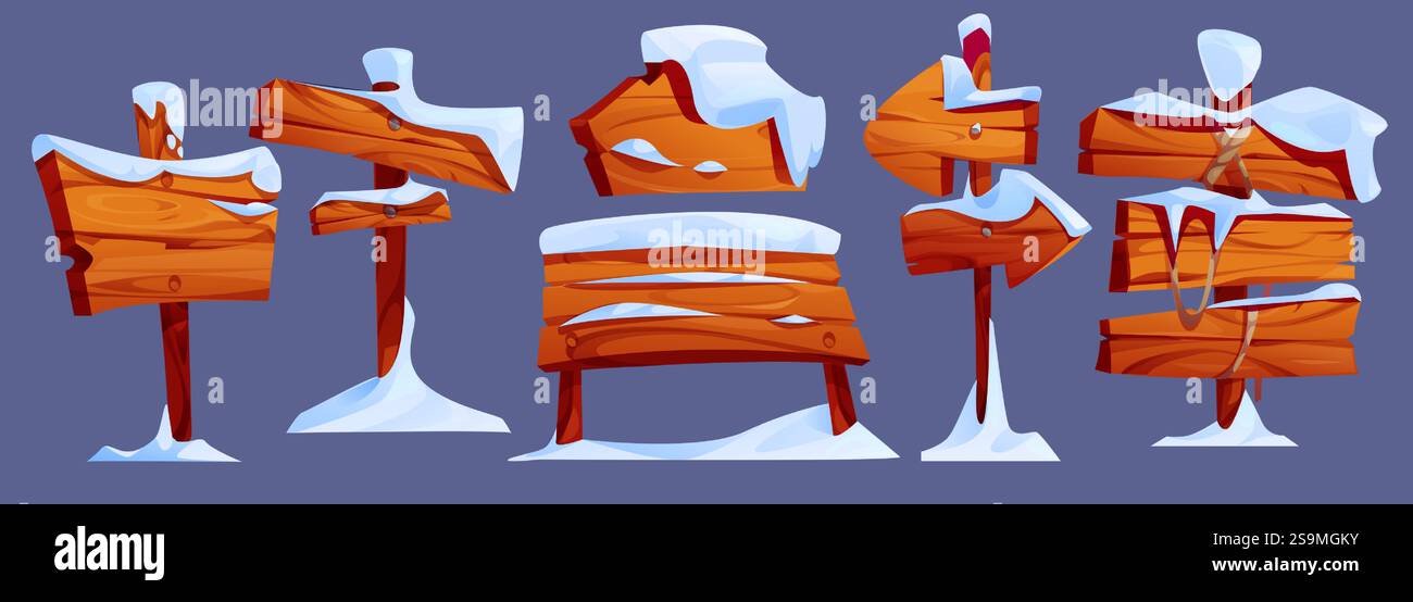 Schneebedeckte hölzerne Schilderkollektion - rustikale Dielen mit weißen Schneewehungen, Richtungspfeile im Winterfrost, verwitterte Bretter mit Nägeln, aufgerissene Zeiger für die Navigation im Winter. Stock Vektor