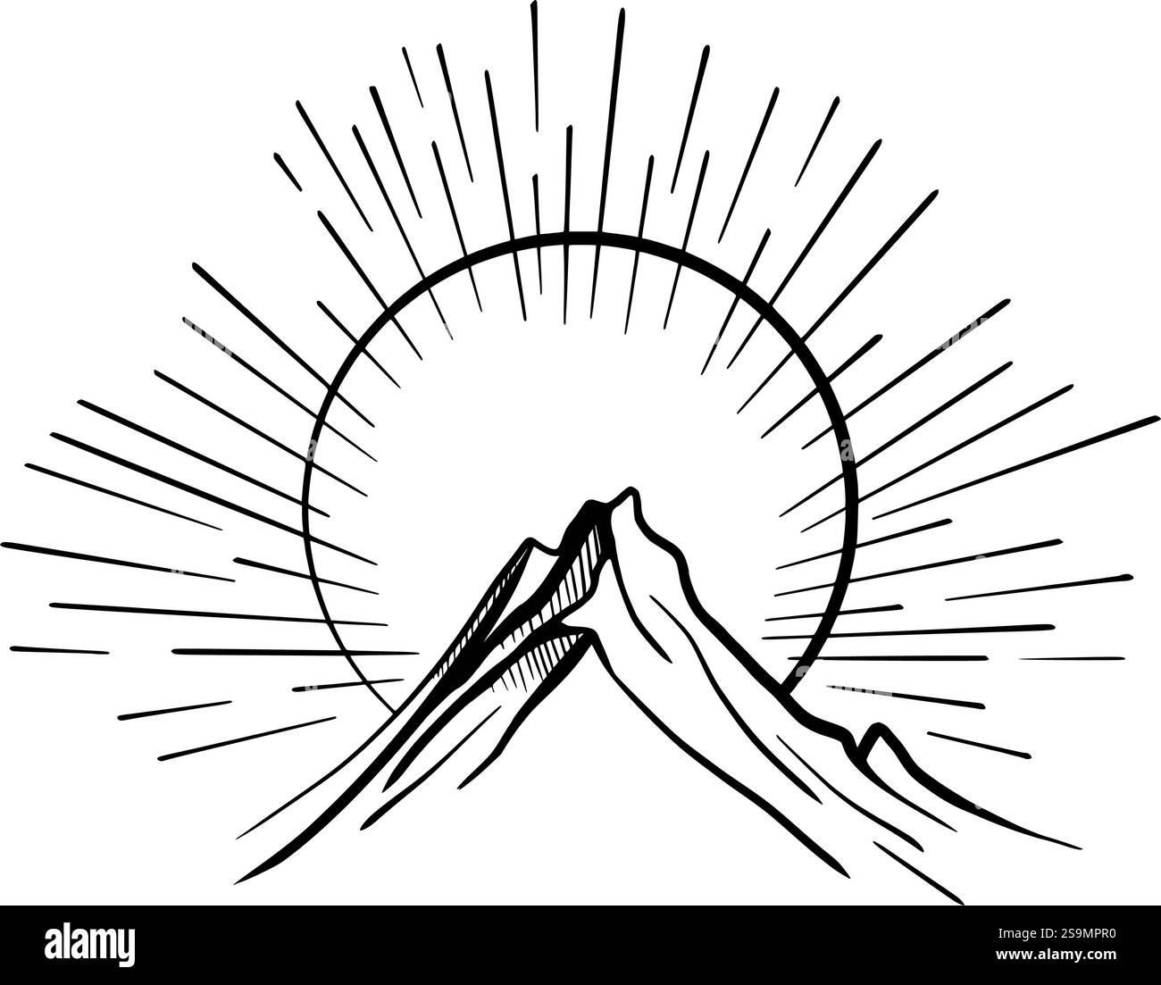 Lineare Zeichnung Berge, Sonnenaufgang und Sonnenuntergang Illustration. Landschaft mit Bergfelsen säumen. Camping Naturabenteuer. Abzeichen-Patch, Pin-Grafik Stock Vektor