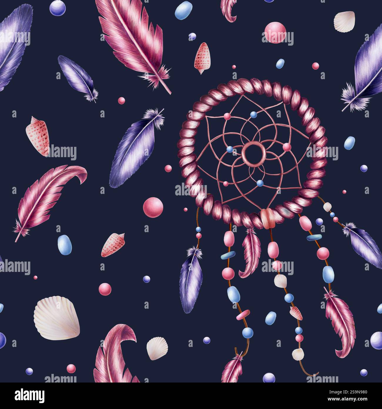 Nahtloses Muster mit ethnischen handgefertigten, gewebten Weidenreif für einen Traumfänger, Perlen am Seil Perlen an einem Seil mit Federn, Muscheln Aquarell Stockfoto