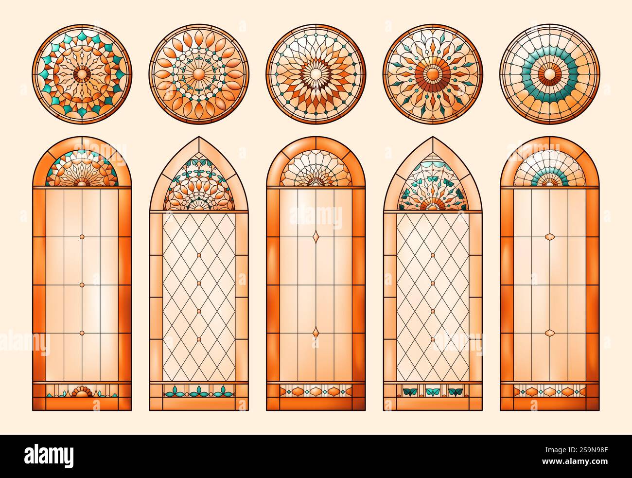 Paket mit Kirchenfenstern. Katholisch-christliche Rahmen. Gitterverlauf in warmen Farben. Stock Vektor