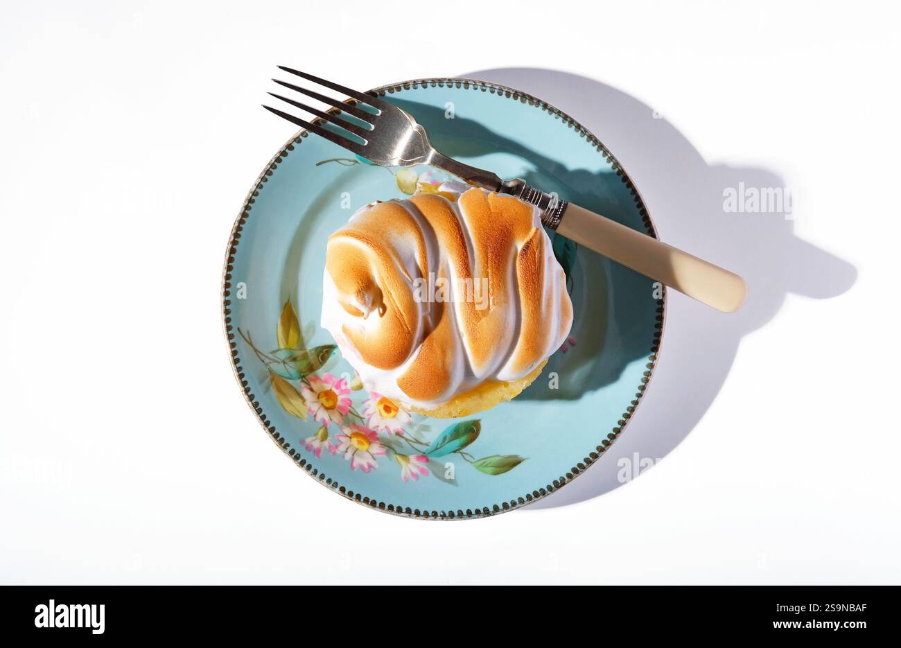 Übersicht über Zitronenmeringue-Kuchen auf grüner dekorativer Blumenteller Stockfoto