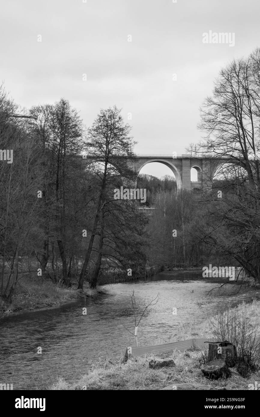 Brücke Elstertalbrücke im Vogtland Sachsen über den Fluss im Winter Schwarzweiß-Fotografie vertikal Stockfoto