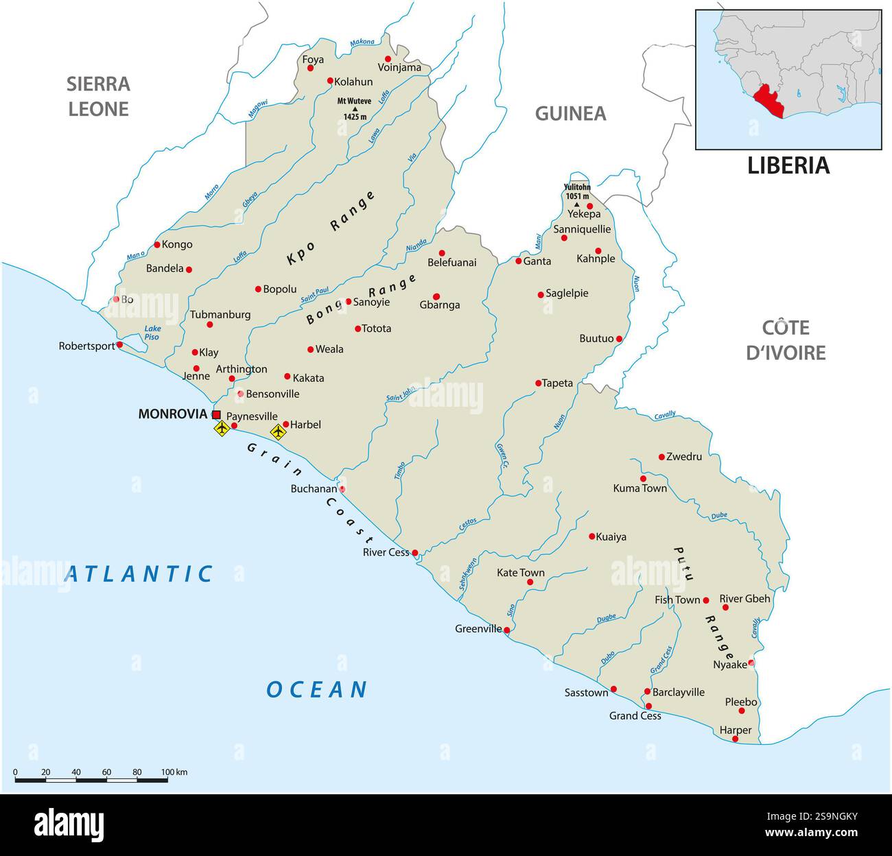 Vektorkarte der Republik Liberia Stockfoto