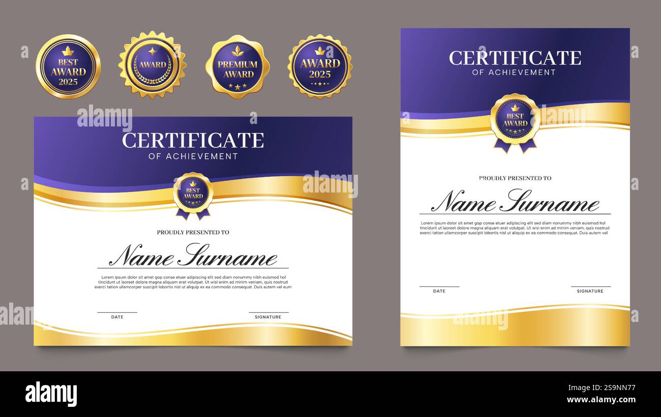 Diplom mit Abzeichen-Vorlage. Leistungszertifikat mit goldenem Siegel und Stempel, Auszeichnung mit Luxusrand und Qualitätsdesign. Vektorsatz Stock Vektor