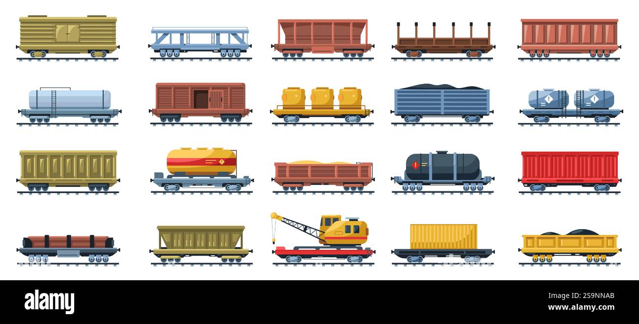 Güterzug. Eisenbahnlokomotivtransport und Schienengüterwagen, Bahnwagenplattform mit Containern für Gütertransporte, Zugtransport Stock Vektor