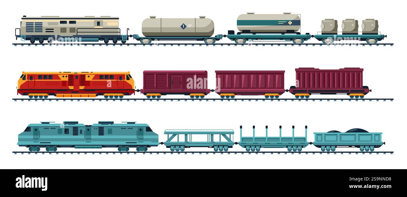 Güterzug. Güterzuglokomotive mit Bahnsteigen, Zugladungscontainer Eisenbahntransporter, Eisenbahnwaggons für Versand und Lieferung Stock Vektor