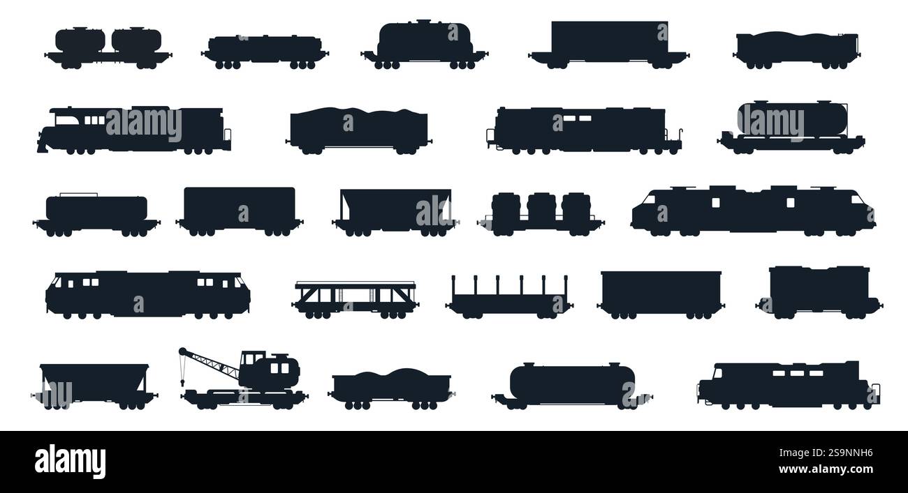 Silhouette des Güterzugs. Schwarze Eisenbahnlokomotive und -Wagen, Industrieschienverkehr, Kesselwagen mit Kohlewagen. Vektor isoliert Stock Vektor