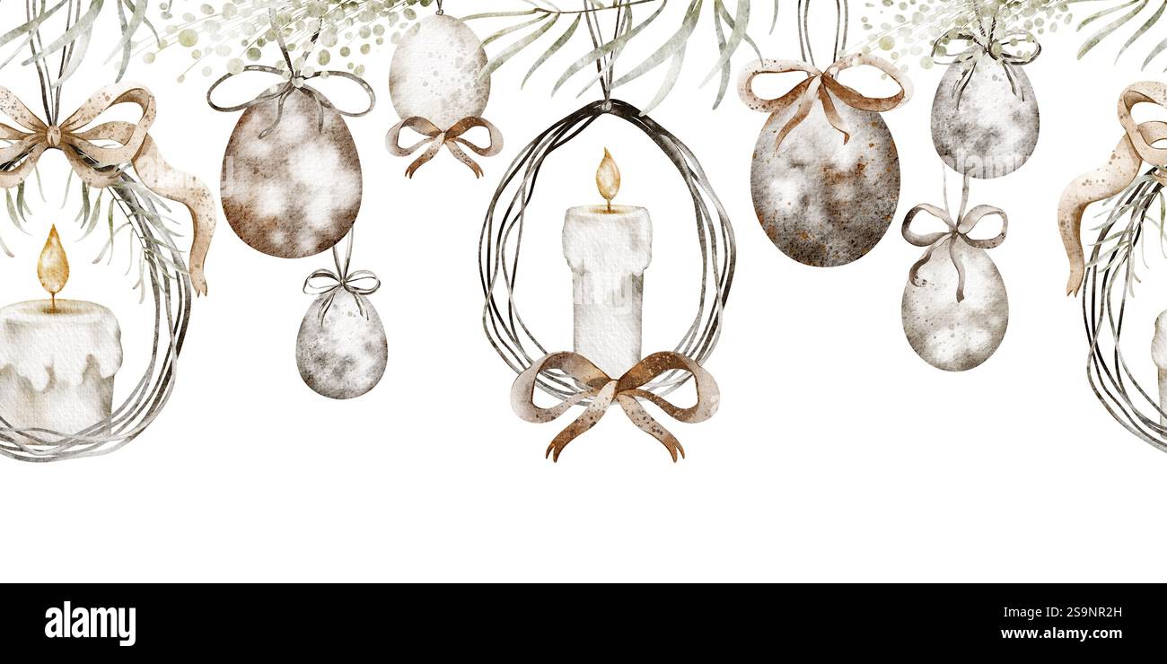 Nahtloser Rand mit Ostereier und Kerze. Perfekt für Urlaubsdekor, Textilien oder Geschenkpapier. Design für Produkte mit Ostermotiv Stockfoto