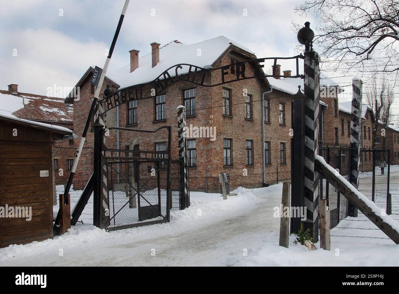 Polen, Auschwitz: Blick auf den Eingang zum Konzentrationslager. Ueber dem Eingangstor prangt der Schriftzug Arbeit macht frei. Durch dieses Tor wurden die Gefangenen zur taeglichen Arbeit getrieben. *** Polen, Auschwitz: Blick auf den Eingang zum NS-Vernichtungslager. Oberhalb des Eingangs kann man die Worte Arbeit macht frei Work Makes Free lesen. POL, POLEN GMS1292 Stockfoto