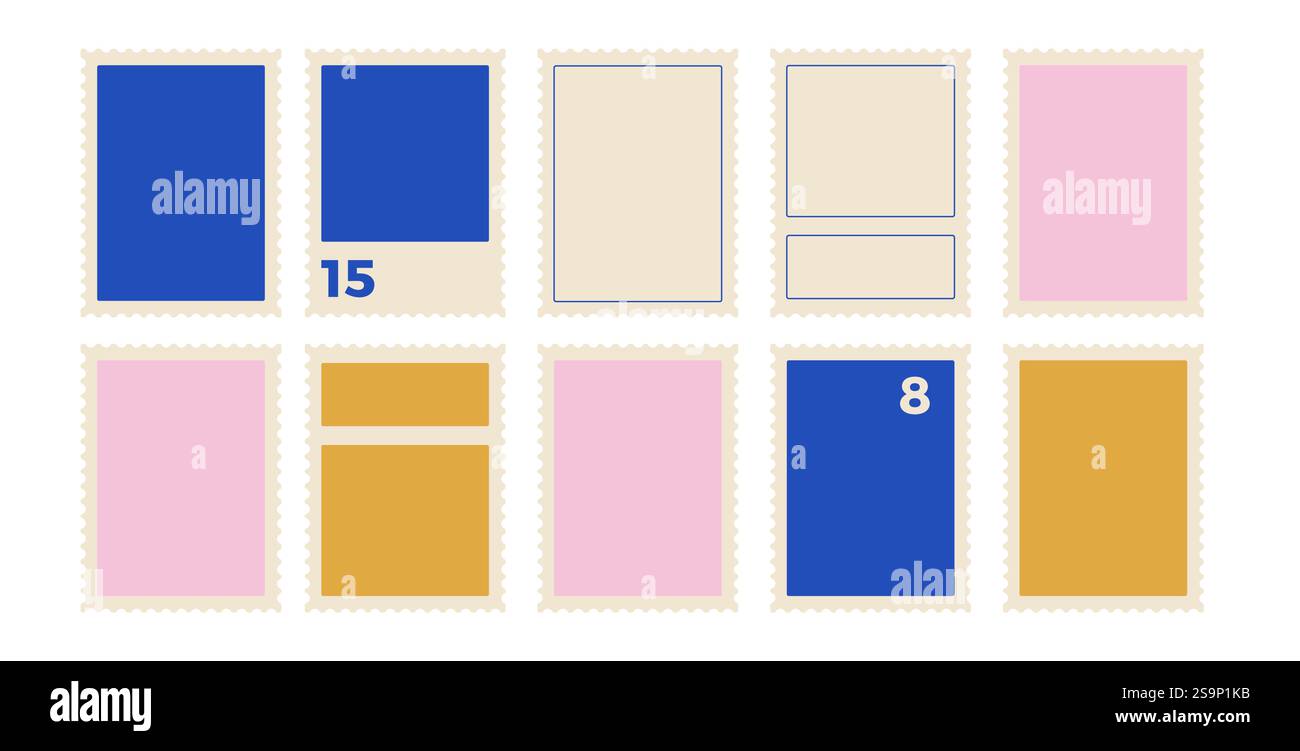 Briefmarkensatz. Leere Postkartenpackung. Vektor Hand gezeichnet flache Sammlung Illustration isoliert auf weißem Hintergrund. Perforierte Papiermarke Stock Vektor