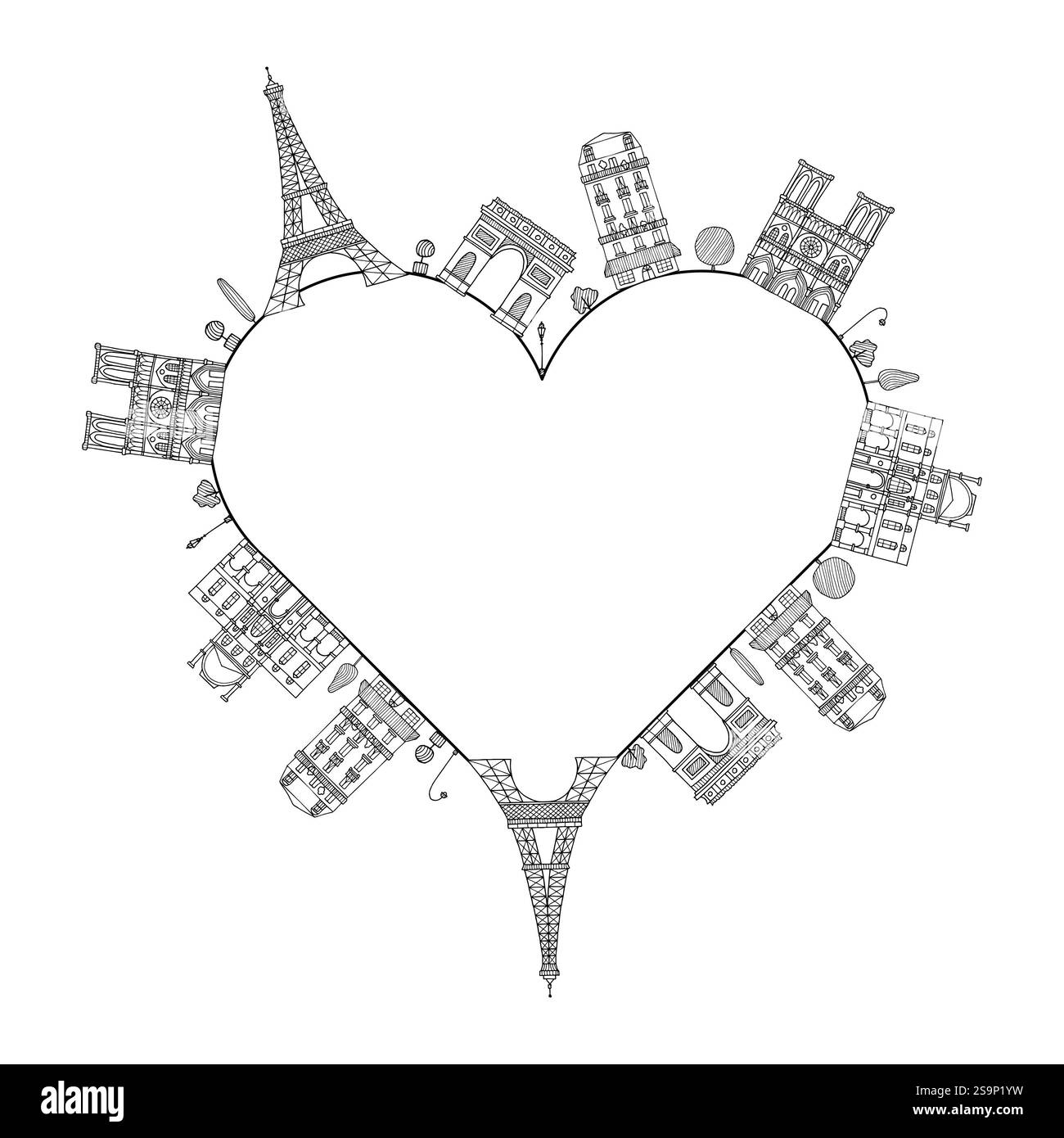 Schwarze Kontur der Herzform mit berühmten Pariser Wahrzeichen und Gebäuden Vektor handgezeichnete Illustration. Symbol von Paris und Liebe. Vintage-Zeichenfarbe Stockfoto