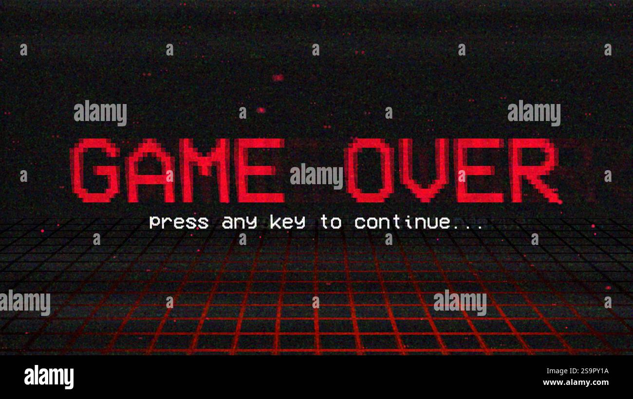 Game Over, Vintage-Arcade-Spielbildschirm mit Glitch-Effekt, computergeneriert Stockfoto