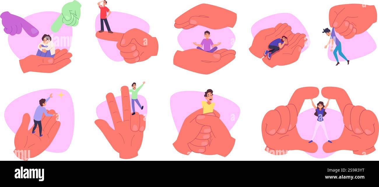 Winzige Leute in großen Händen. Konzeptpsychologische Bilder mit Händen, die Menschen exaktes Vektorillustrationsset halten Stock Vektor