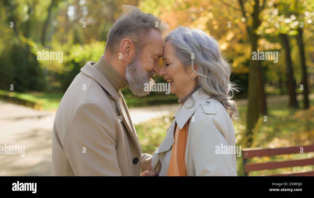 Sanftes Kuscheln des glücklichen lächelnden Ehepaares älterer Ehemann reife Ehefrau berührende Stirnen Romantik Liebe im Park alte Familie grauhaarige Mann Frau Stockfoto