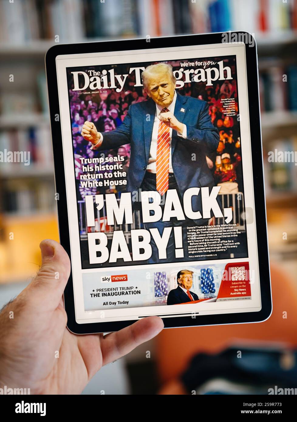 Paris, Frankreich - 21. Januar 2025: Donald Trump erklärt seine Rückkehr mit der Schlagzeile I'm Back Baby Stockfoto