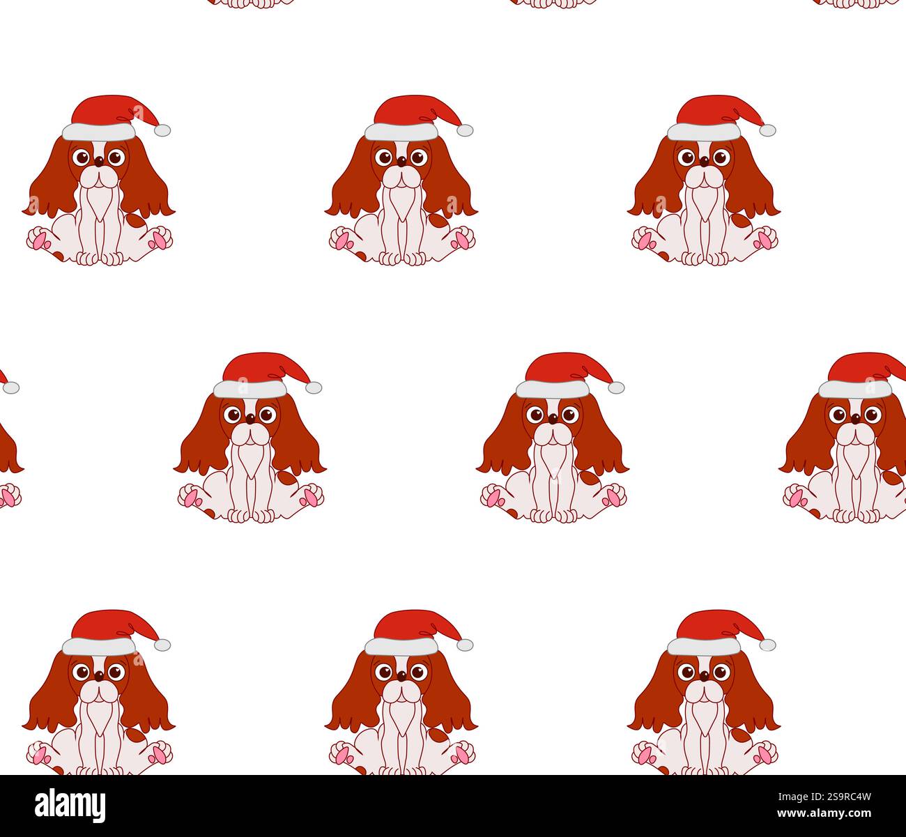 Hund Kavalier König charles Spaniel in santa Hut nahtlose Muster Vektor Santa Claus Xmas Schneeflocke Zeichentrick isolierte Fliese Hintergrund Wiederholung Wallpaper il Stock Vektor