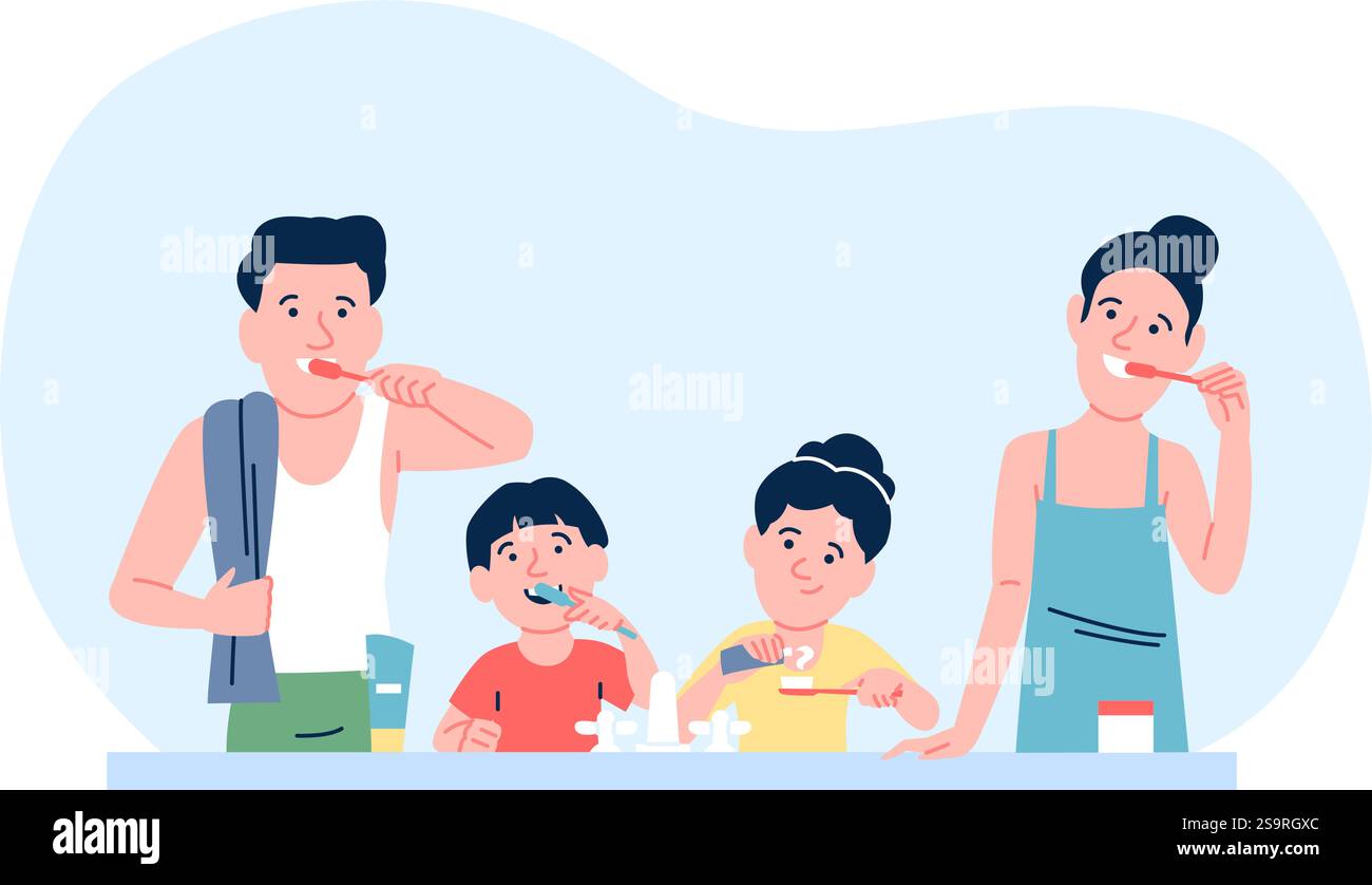 Familie im Badezimmer, die Zähne putzt. Eltern mit Kindern, die morgens oder abends Routine machen. Hygiene gesunde Gewohnheiten, sauberer Mund, Stomatologie neuer Vektor Stock Vektor
