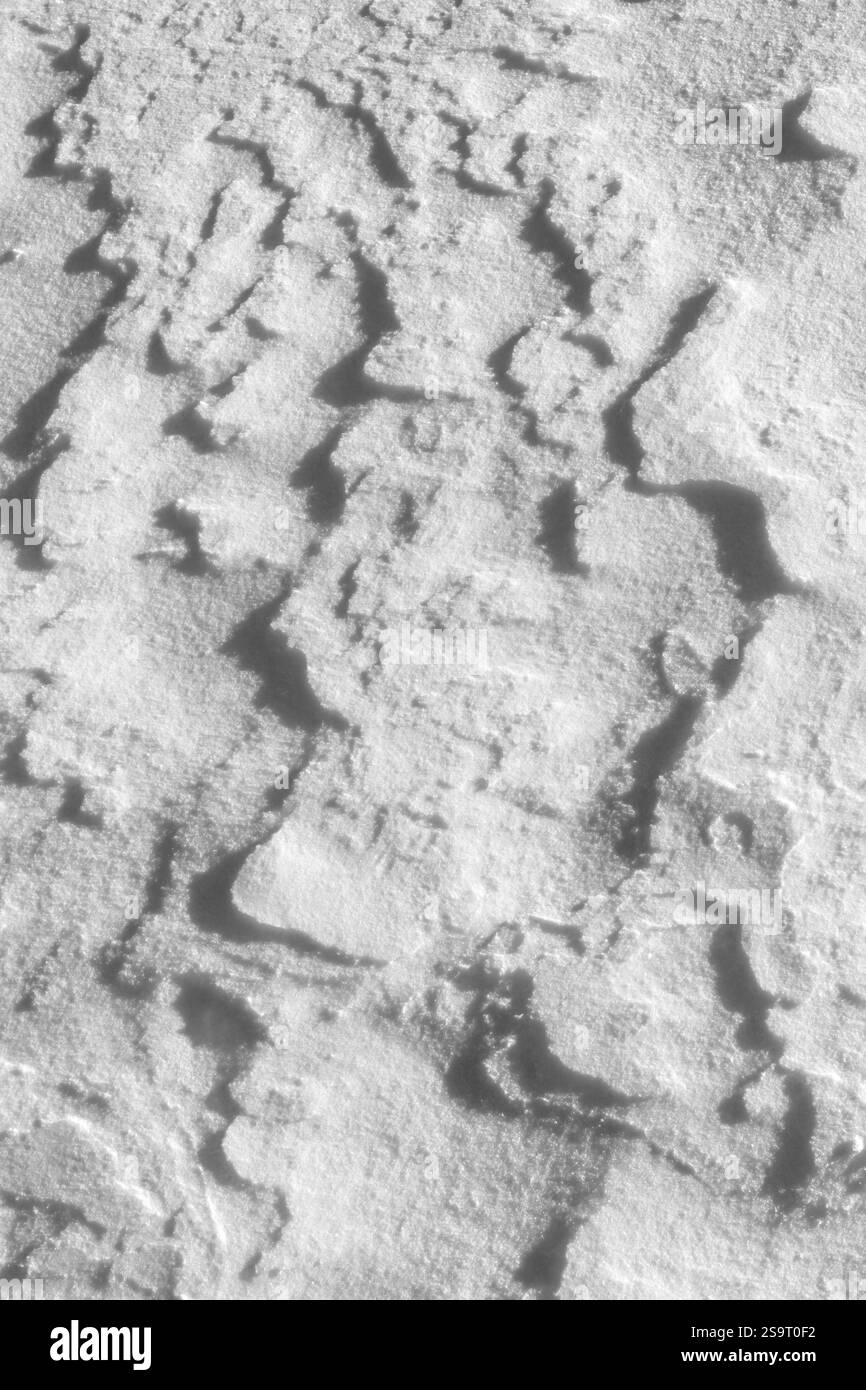 Nahaufnahme der Hintergrundtextur für frischen Schnee, Schneemuster, Kallahdenniemi, Helsinki, Finnland. Stockfoto