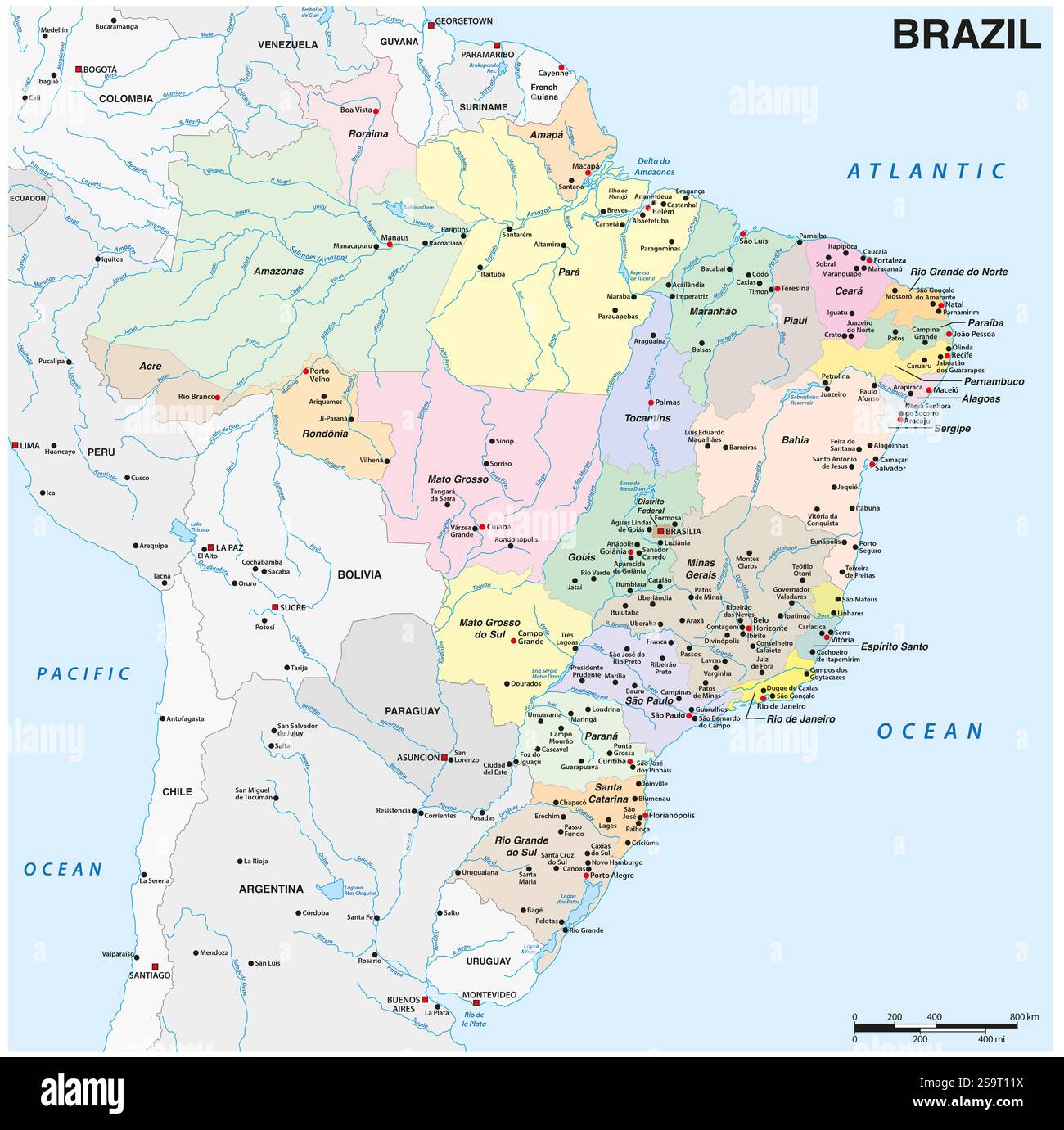 Detaillierte Karte der Verwaltungseinheit Brasiliens Stockfoto