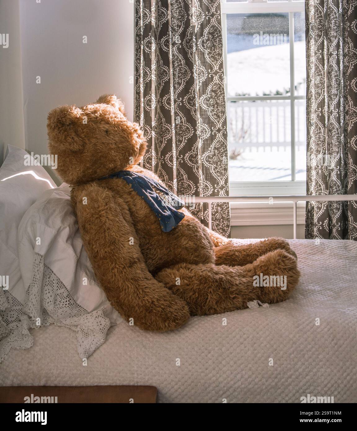 Ein Teddybär, der auf einem Bett schläft. Stockfoto
