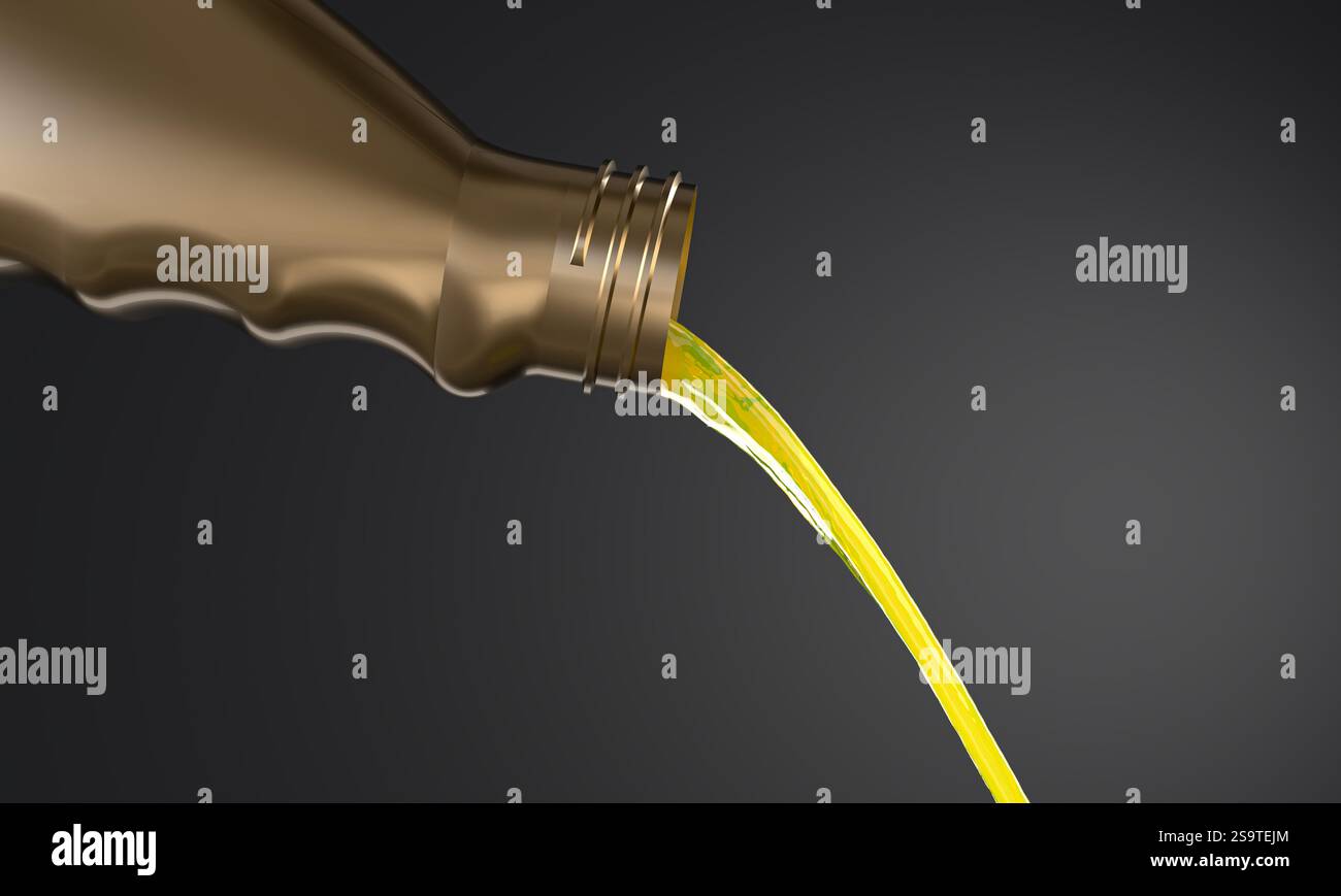 Goldene Flasche mit gelbem Öl auf dunklem Hintergrund. 3D Stockfoto
