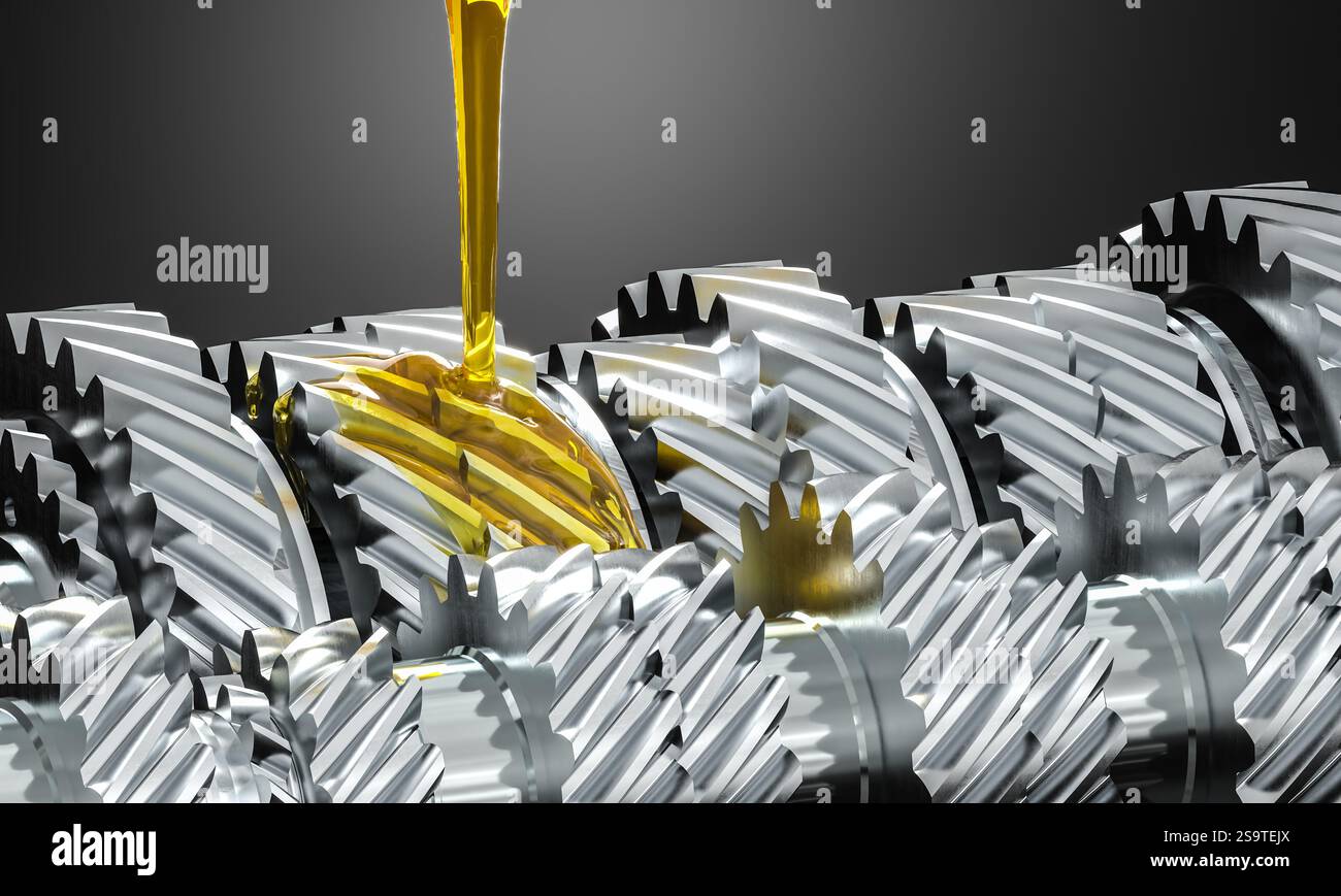 Glänzende Zahnräder mit goldenem 3D-Hintergrund geölt Stockfoto