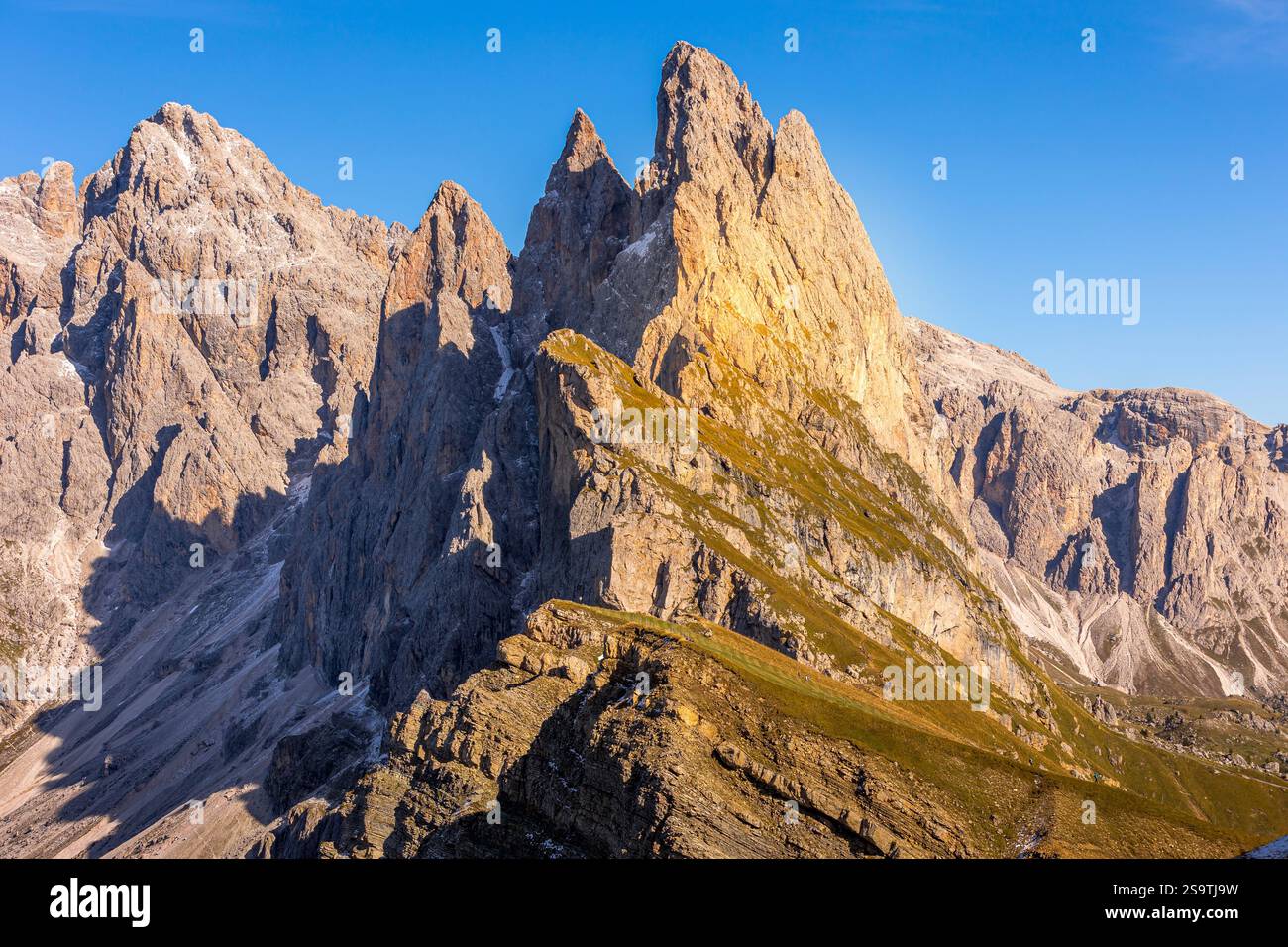 Italien, Seceda Nahaufnahme herbstlicher Bergblick, Fuß der Geiselgruppe, Gröden in der Nähe der Stadt St. Ulrich Stockfoto