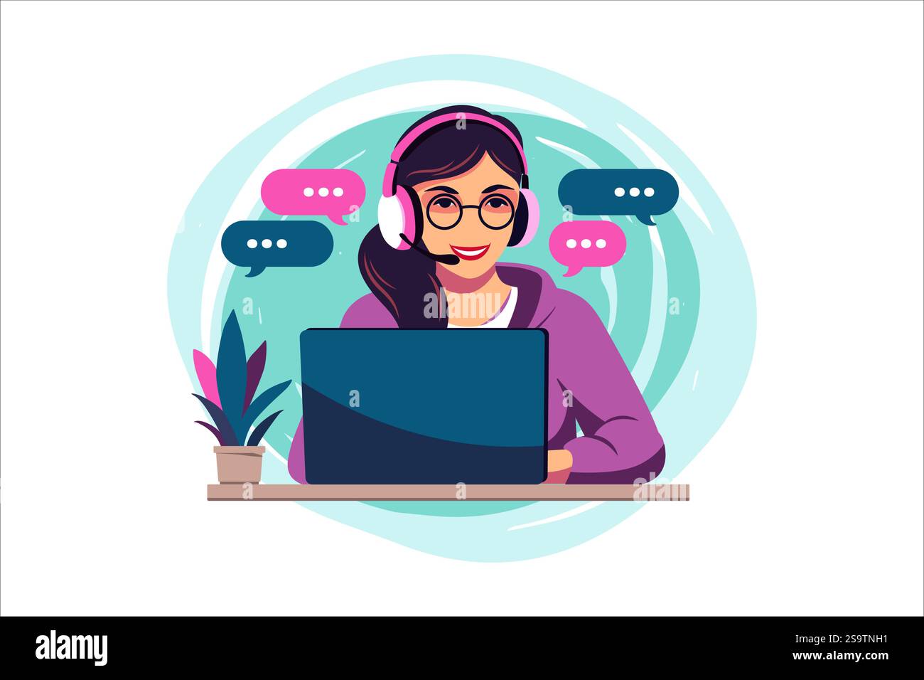 Kundenservicekonzept. Frau mit Kopfhörer und Mikrofon mit Laptop. Support, Unterstützung, Call Center. Vektorgrafik. Flacher Style Stock Vektor