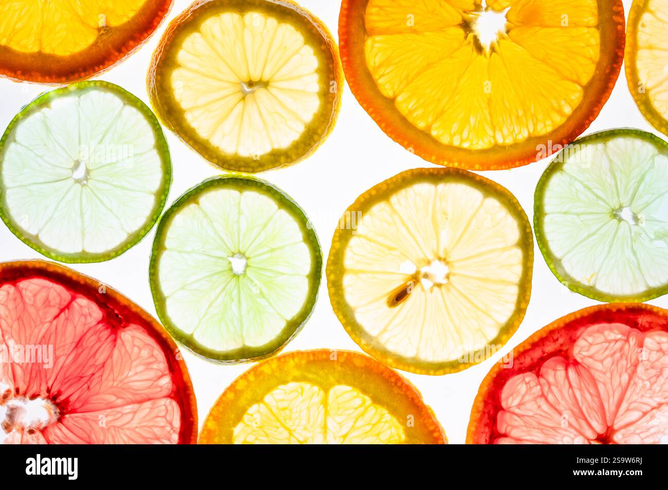 Hintergrundbeleuchtete Schicht aus Zitrusfrüchten, Zitrone, Limette, Orange und Grapefruit Stockfoto