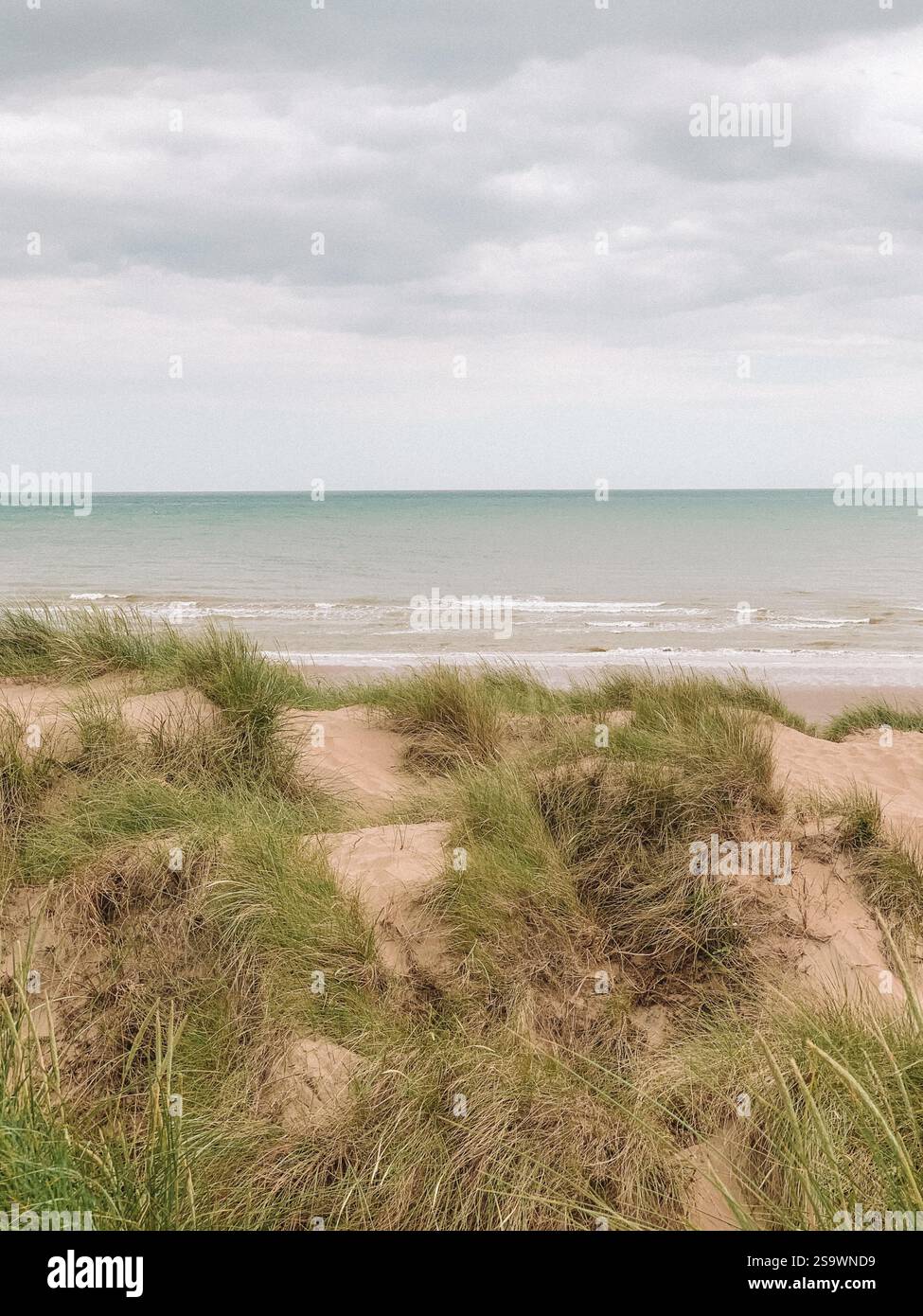 Atemberaubendes Foto der weitläufigen Sanddünen in Camber Sands in Rye, England, aufgenommen an einem sonnigen Tag. Stockfoto