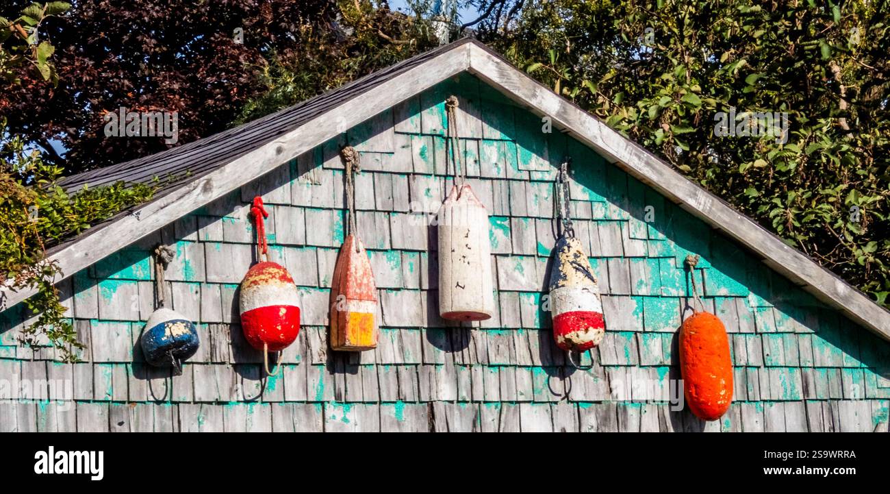 Angelbojen in einem kleinen Garagengebäude in Nova Scotia Kanada Stockfoto