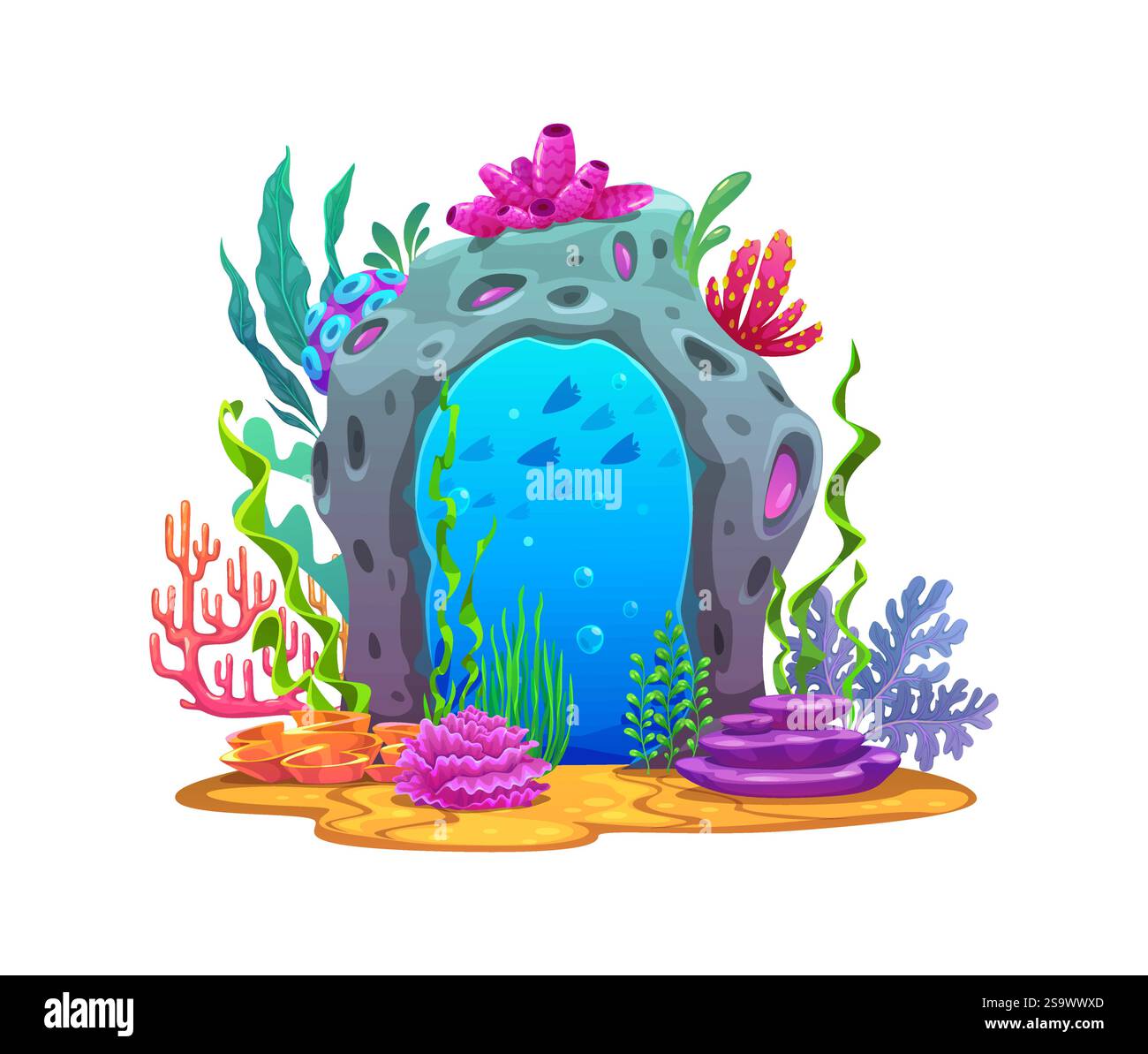 Unterwasserportal in Steintor für Meeresmagiespiel oder Ozeanfantasien, Comic-Vektor. Magische Portaltür zur Unterwasserwelt oder Unterwasserwelt in Stein Stock Vektor