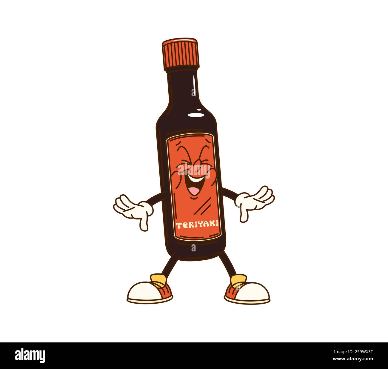 Cartoon groovige Teriyaki Soße Flaschenfigur mit lustigem Gesicht, Vektor-Comic. Groovige, flippige Teriyaki-Soße-Cartoon-Figur mit fröhlichem Lachen Stock Vektor