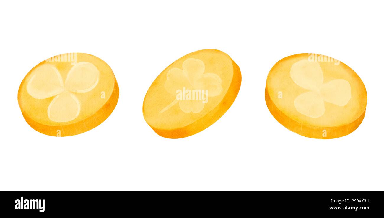 Drei Goldmünzen mit Kleeblatt-Gravur für viel Glück. Handgezeichnetes Aquarell Clipart isoliert auf weißem Hintergrund für verschiedene Designs und Drucke. Stockfoto