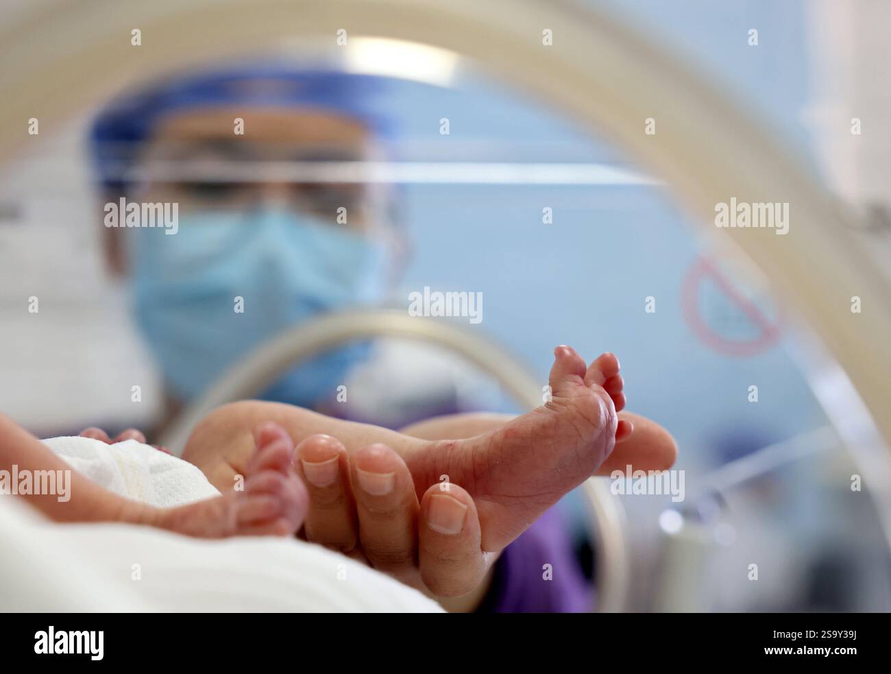 Ein medizinischer Mitarbeiter betreut Neugeborene im Mütter- und Kinderkrankenhaus Zaozhuang in der ostchinesischen Provinz Shandong, 28. Januar 2025. Stockfoto